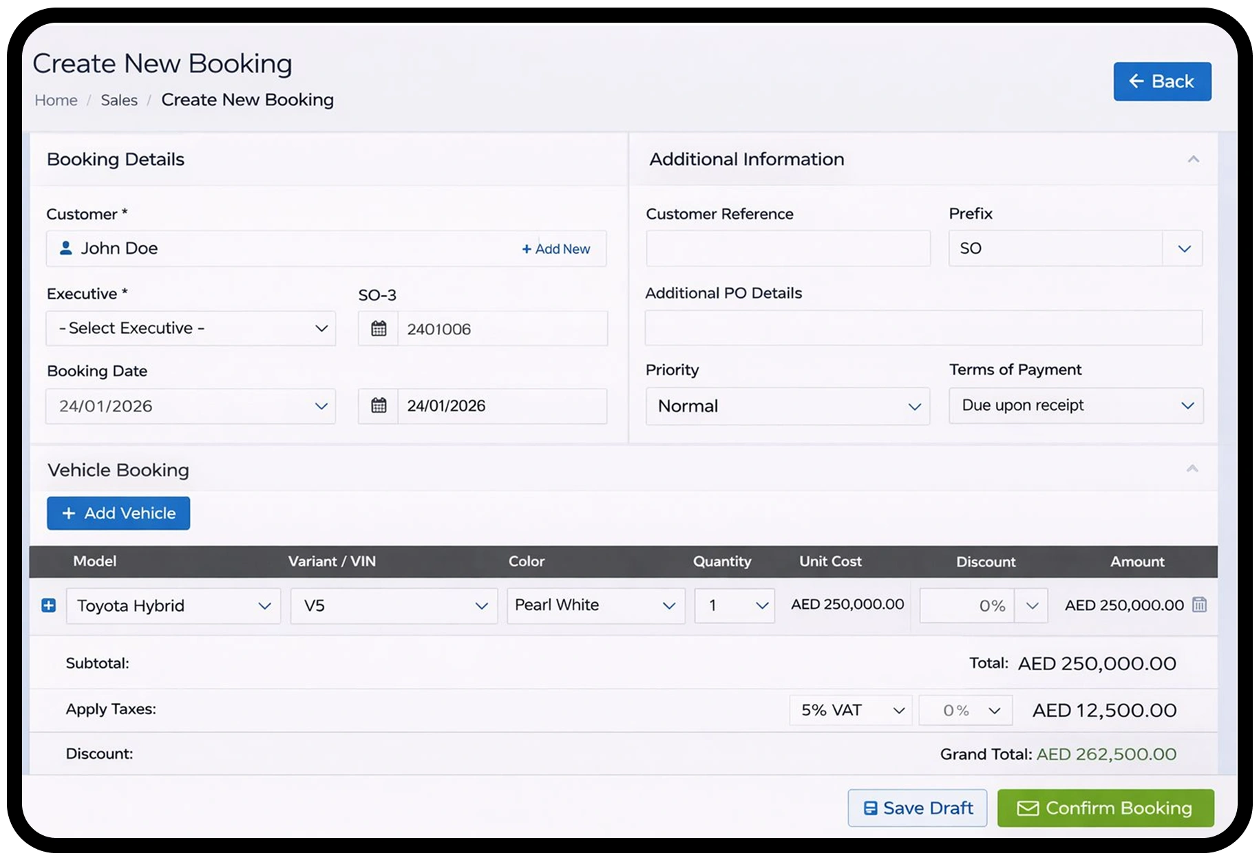 Booking Form ( Sales Order )