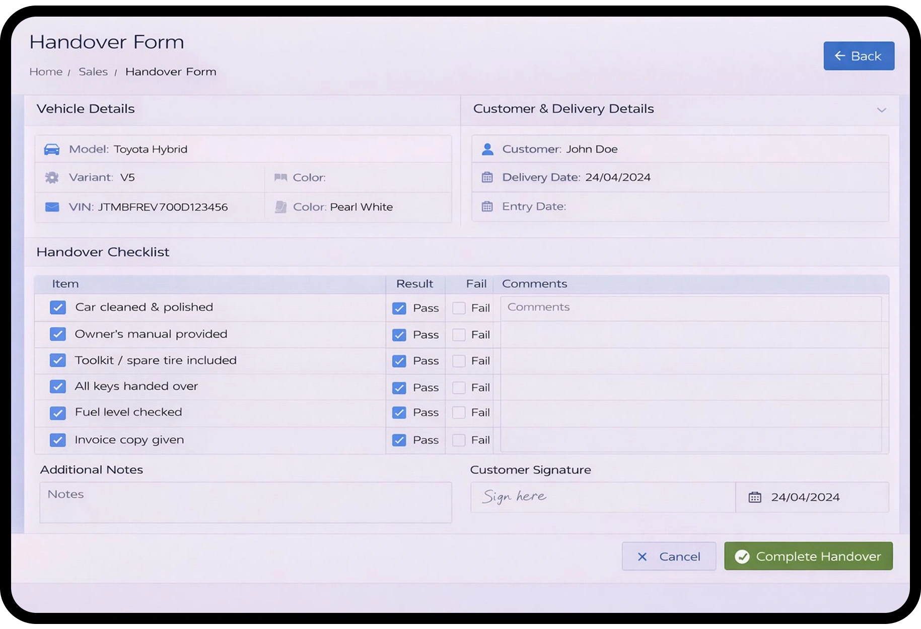 Handover Form ( under action tab )