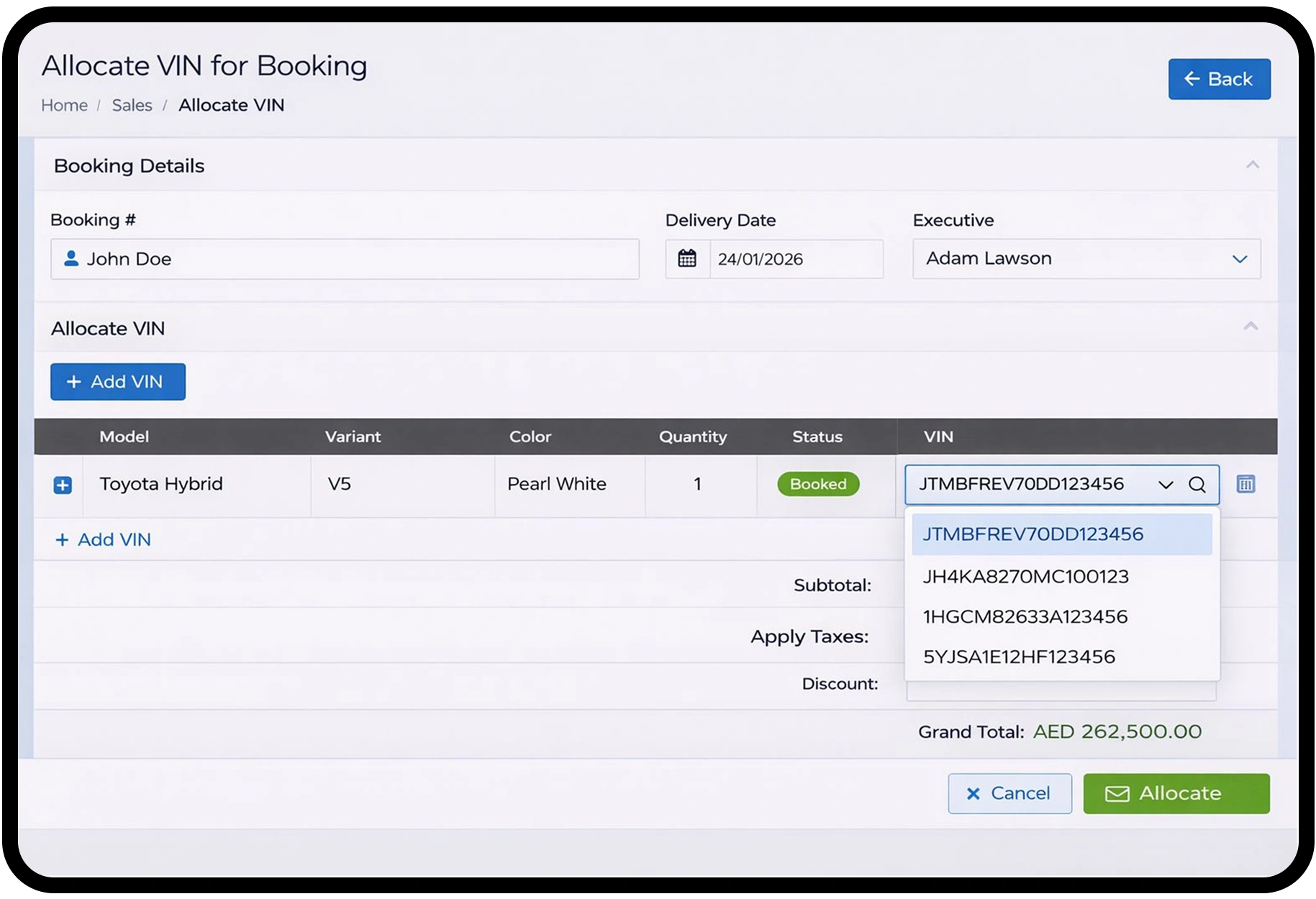VIN Allocation ( done under the action tag of Booking )