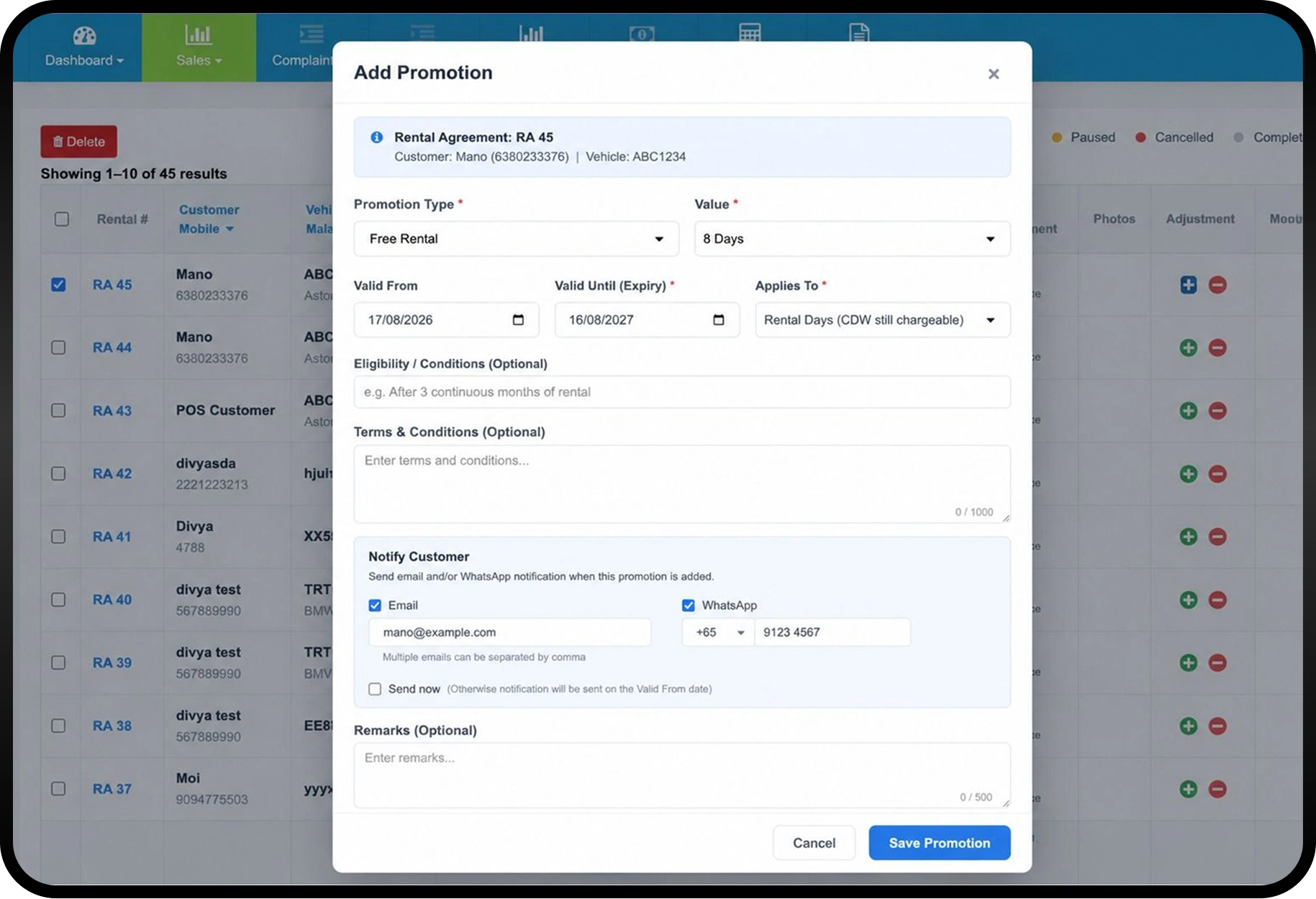Add Promotion — gas bonus, no claim bonus or free rental