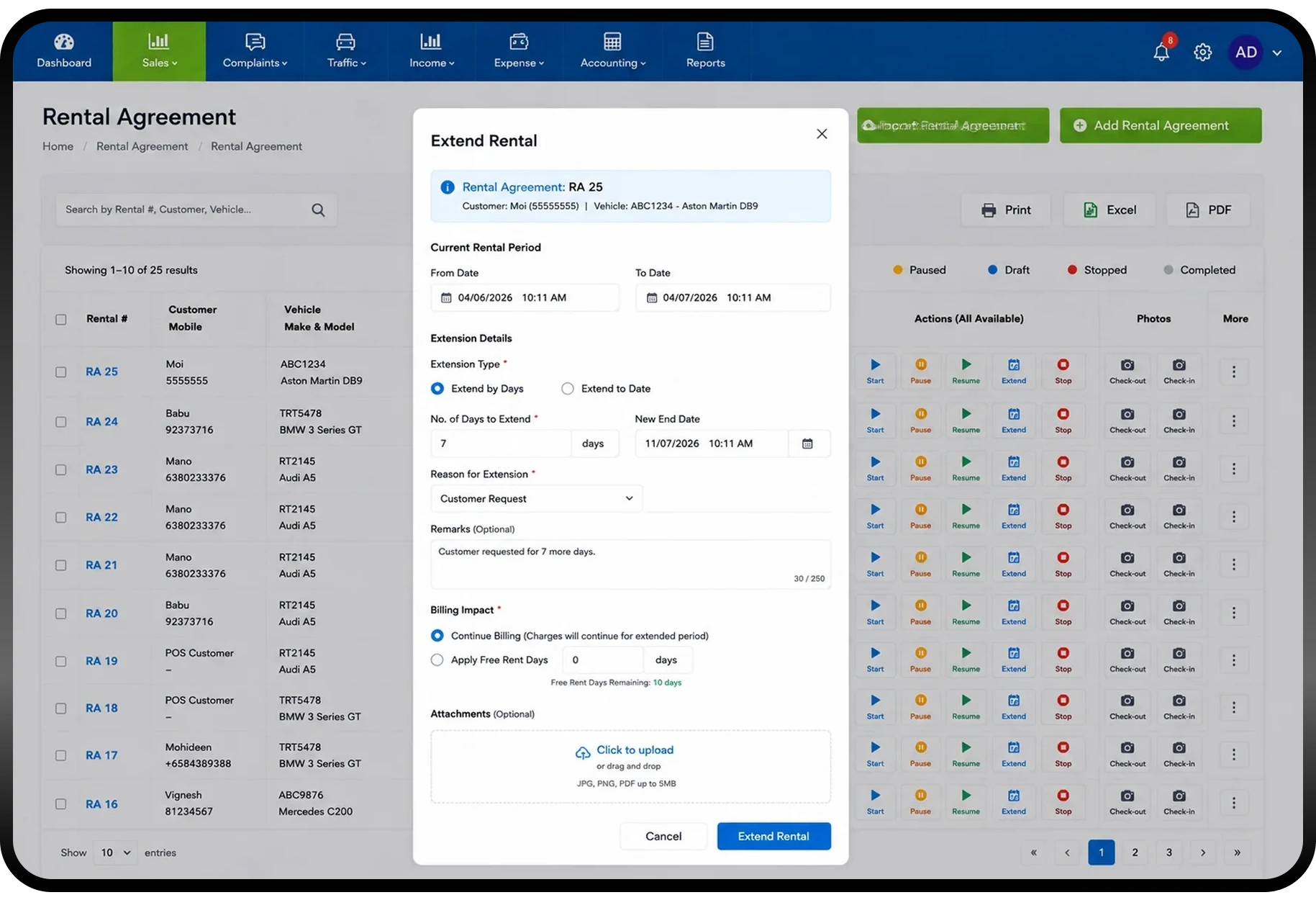 Extend Rental — extension on customer request