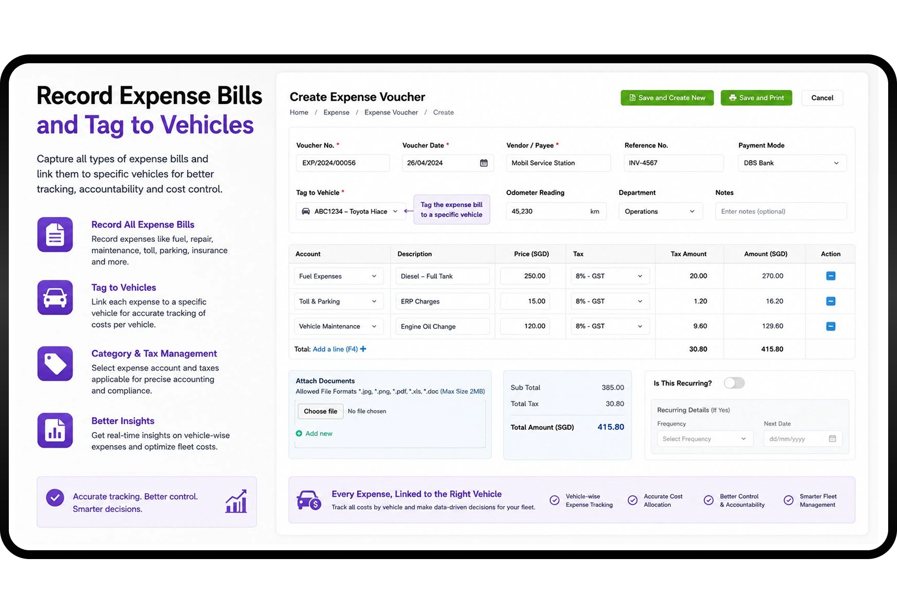 Record Expense Bills — tag every expense to a specific vehicle