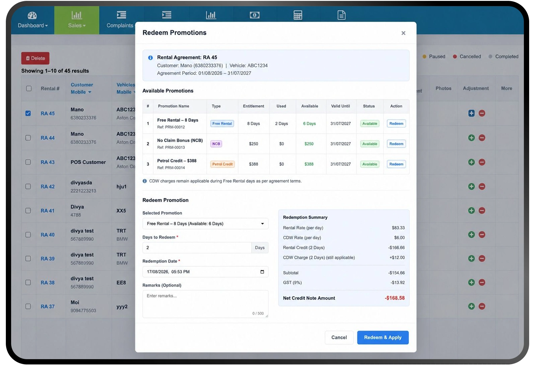 Redeem Promotion — apply the bonus against an invoice