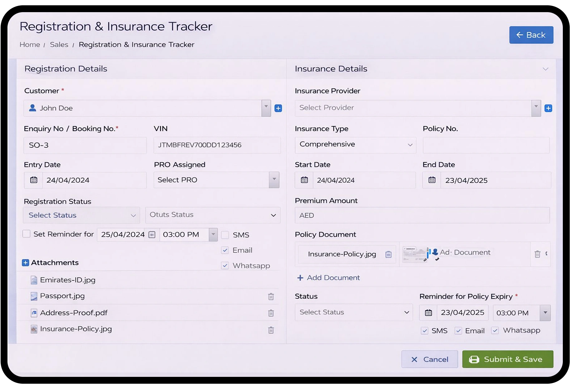 Registration and Insurance ( under action tab )